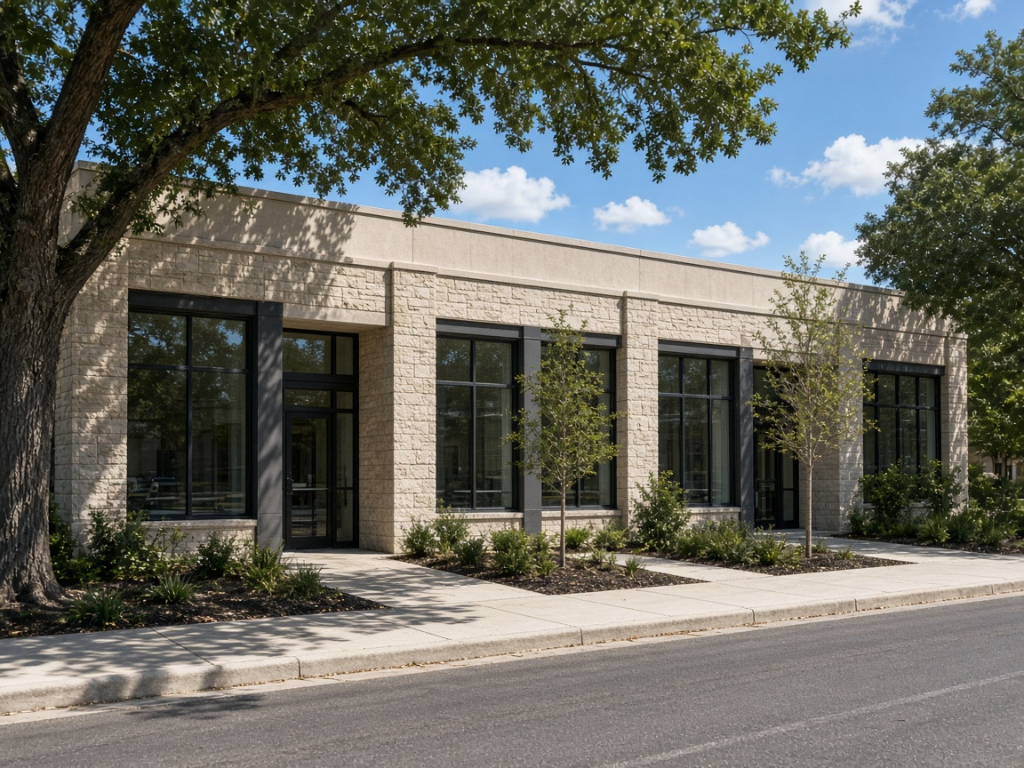 Daylight exterior of a low limestone commercial building beside a sidewalk